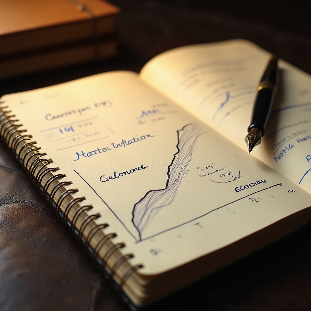 Handwritten notes and economic charts in a notebook