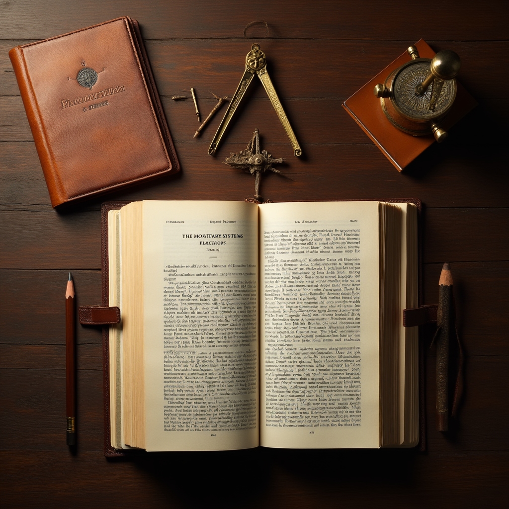 Open books with financial notes on a dark wooden desk with warm lamp light