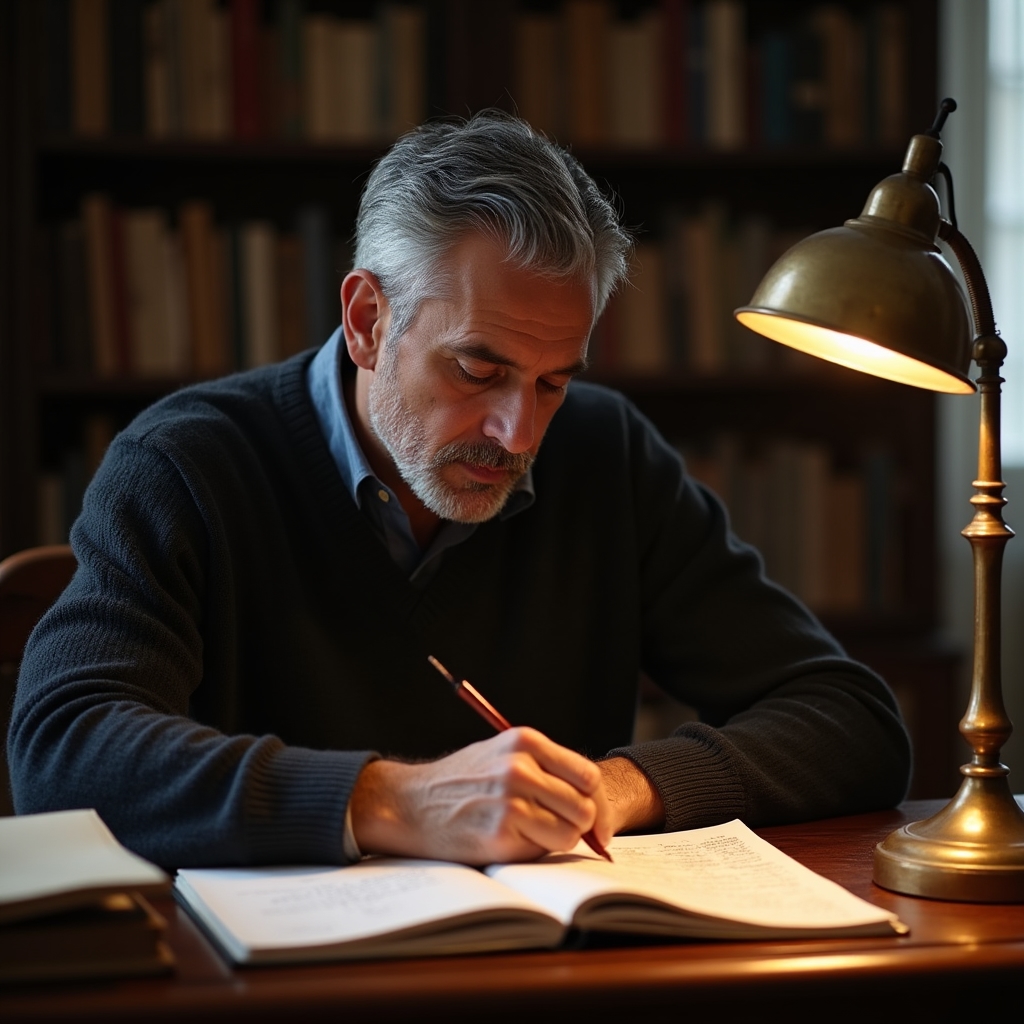 Person reading financial documents at a well-lit desk in Buenos Aires