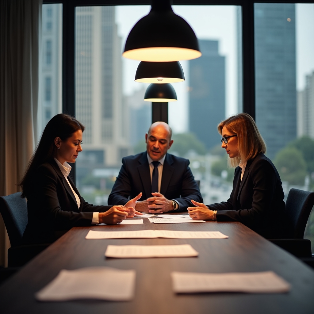 Small team reviewing educational content at a long wooden table