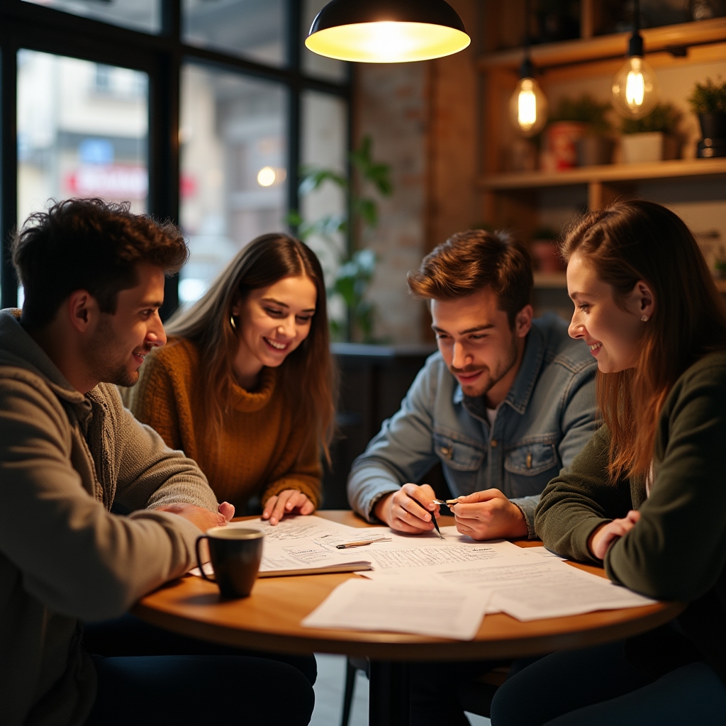 Group of young adults discussing financial concepts together at a table